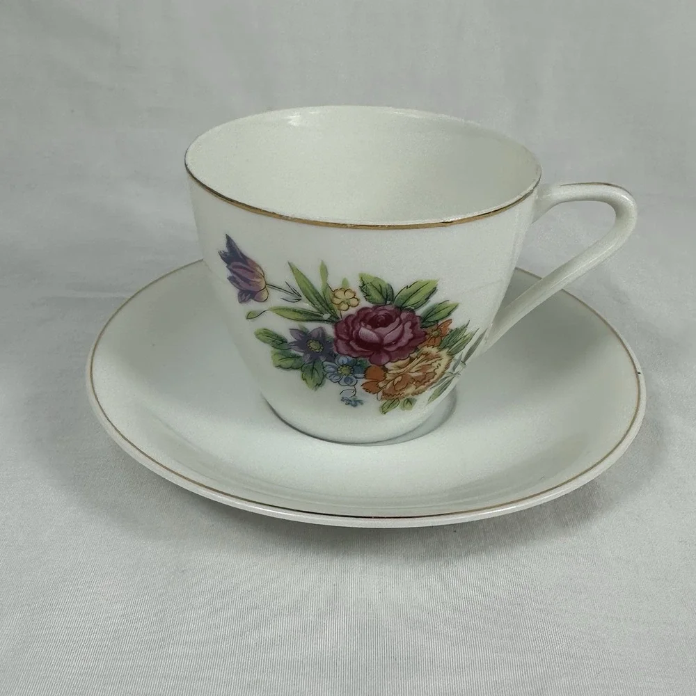 Vintage Floral Teacup‎ Saucer Set Gold Trim Multi-Color Rose Grandmillennial